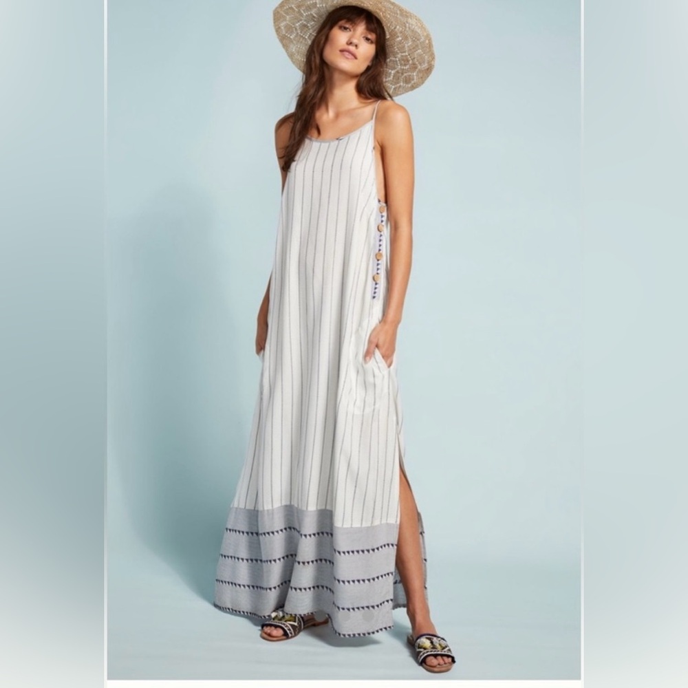 Regency Striped Maxi Dress in White and Blue